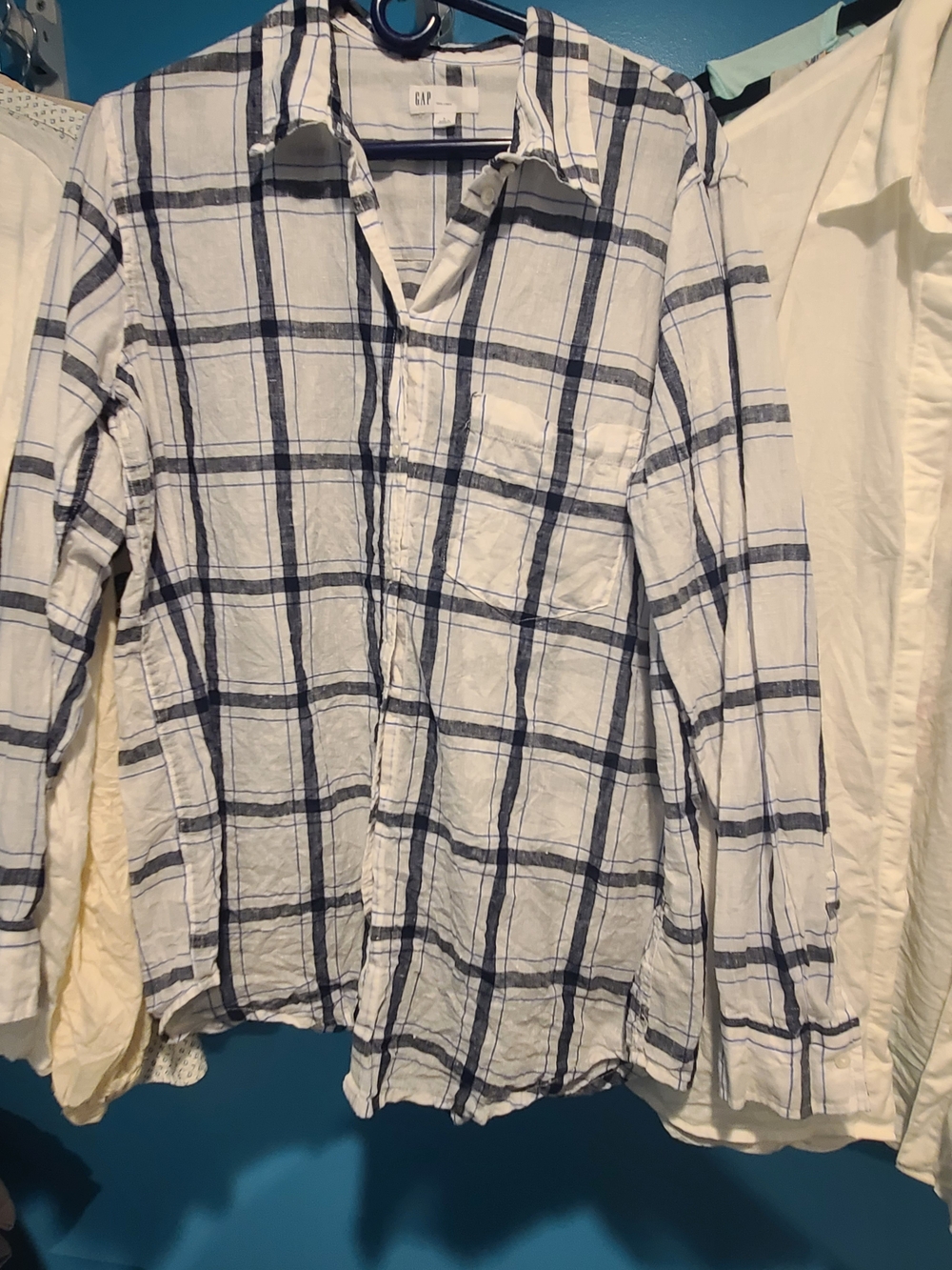 GAP Men’s White & Navy Plaid 100% Linen Button-Down Shirt